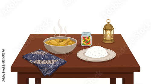 Breakfast Table Setting with Food and Utensils