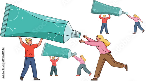 Vector illustration of people holding large toothpaste tubes