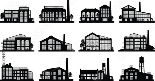 Collection of diverse industrial factory building silhouettes in black and white, featuring smokestacks and large windows.