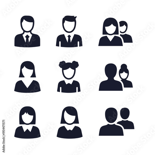 Iconic Group Representations: A curated collection of simple, stylized icons representing individuals and groups, perfect for user interfaces, infographics, and diverse design applications. 