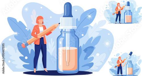 Set of 3 vector illustrations of woman with dropper bottle and magnifying glass