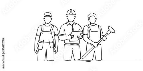 Continuous one line drawing of construction workers team
