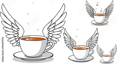 Set of 3 winged tea cup icons vector