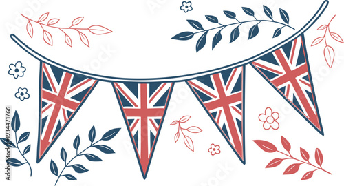 United kingdom flag bunting with floral decorations spring bank holiday festive bunting