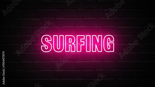 Neon, Glowing, Colorful Surfing animation. surfing neon text motion. Flocker text 4k video.