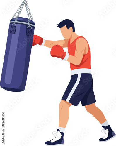 Athlete training with blue heavy punching bag
