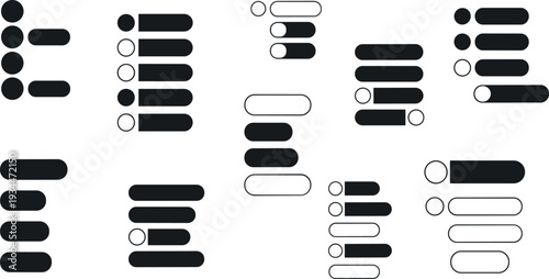 Toggle Switch and List UI Icon Set with Bullet Points, Sliders, and Interface Controls in Minimal Outline Vector Style
