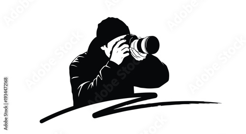 Photographer taking a picture with dslr camera black and white silhouette