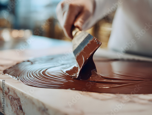 Chocolatier tempering molten chocolate on marble slab, using spatula for smooth texture, creating artisan confectionery in professional kitchen setting