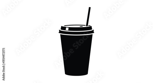 A black silhouette of a disposable cup with a straw simple design silhouette