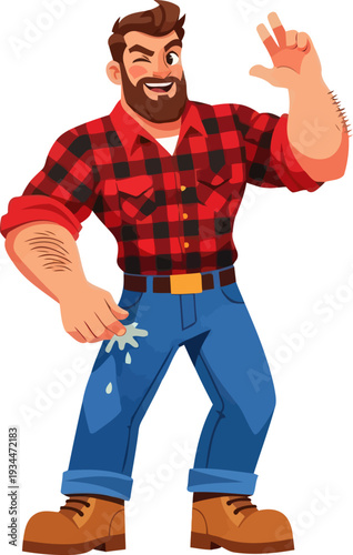 Bearded woodcutter in plaid shirt gesturing confidently