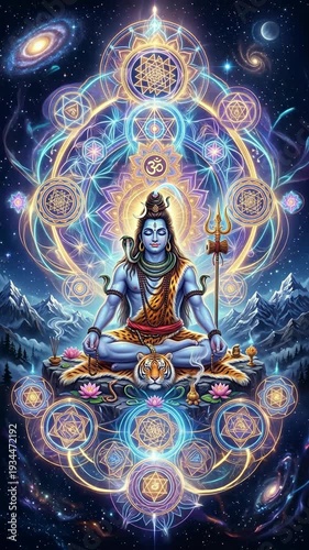 Lord Shiva meditating in lotus position with glowing mandalas and cosmic background featuring trident and snake on tiger skin