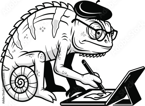 Chameleon wearing glasses and beret on digital tablet black and white
