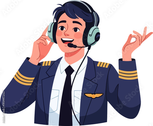 Commercial pilot communicating via headset in cockpit cabin