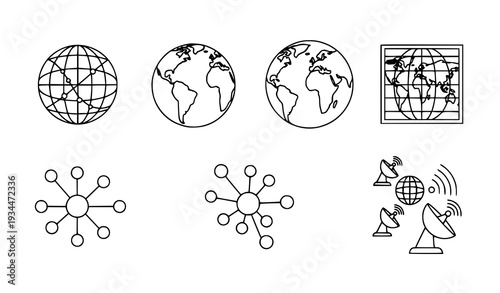 A set of vector graphic icons representing global communication and network