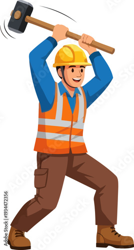 Construction laborer swinging heavy sledgehammer wearing safety vest