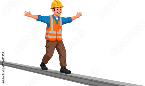 Construction worker balancing on steel girder at height