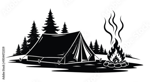 Camping scene with a tent campfire and pine trees in bold silhouette