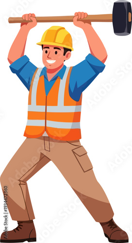 Construction laborer swinging a heavy sledgehammer for demolition