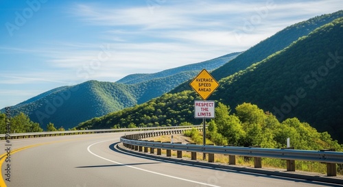 Scenic Winding Road Through Mountainous Landscape, Signage Encouraging Speed Awareness