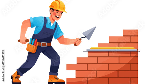 Construction mason building wall with bricks and mortar