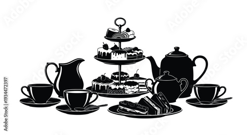 Elegant afternoon tea arrangement with tiered stand and tableware a black silhouette