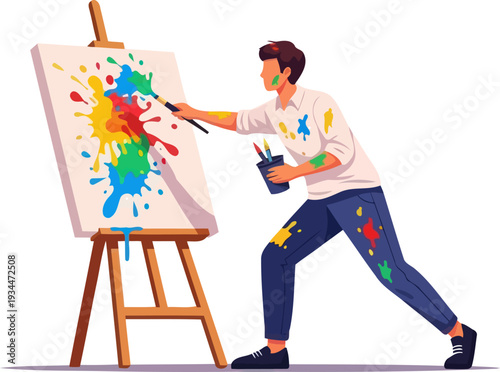 Creative painter splashing vibrant colors on a canvas