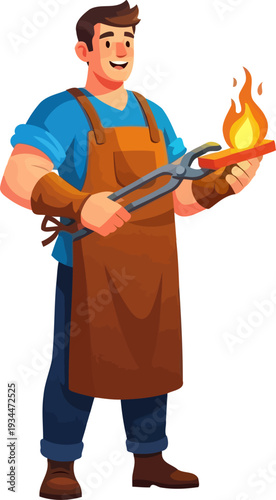 Dedicated blacksmith holding a red-hot glowing metal bar with tongs