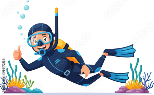 Deep sea diver exploring underwater with scuba equipment