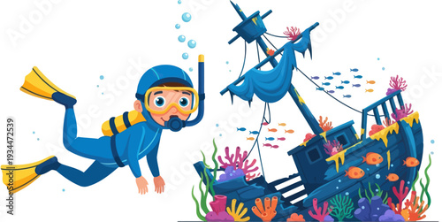 Deep sea diver exploring a colorful shipwreck underwater