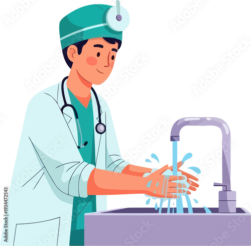 Doctor sanitizing hands at a medical sink
