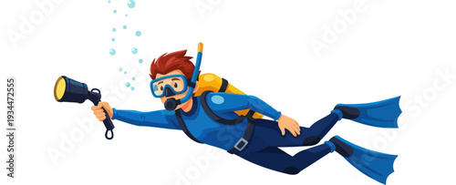 Deep sea diver exploring with underwater flashlight