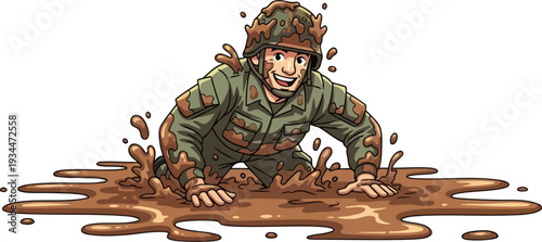 Determined soldier navigating a muddy obstacle course during military training
