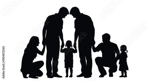Family members holding hands depicted in a striking black silhouette