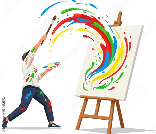 Dynamic painter splashing vibrant multi colored paint onto canvas