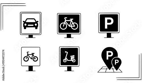 A set of six black and white vector icons depicting various parking signs and symbols