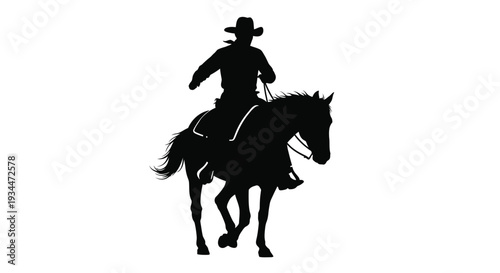 A cowboy riding a horse depicted in striking black form silhouette