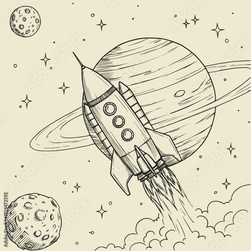 Space rocket launch from alien spaceport, science fiction poster. Vector illustration stylized as a pencil drawing. EPS version.