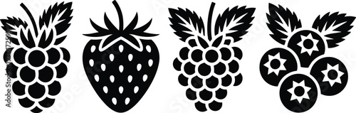 Berry Fruit Silhouette Icons Set, Raspberry, Strawberry and Blueberry Black Vector Illustration Isolated on White Background