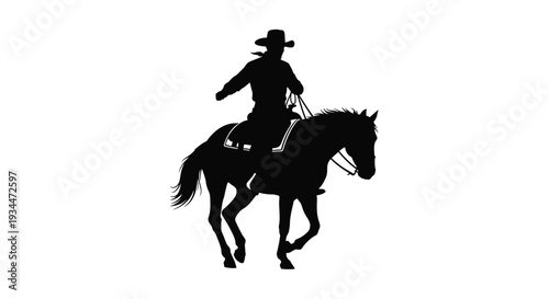 A cowboy riding a horse depicted in a striking black silhouette