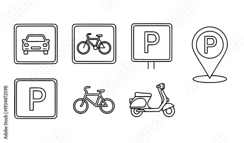 A set of minimalist parking icons and vehicle symbols in flat design