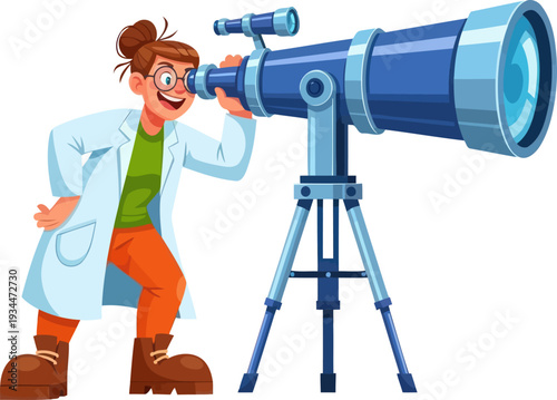 Female astronomer observing stars through large telescope