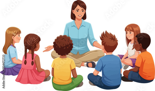 Female educator teaching a group of diverse children