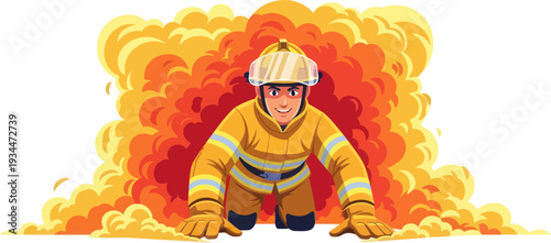 Firefighter crawling through intense smoke and orange flames