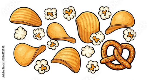 Delicious assortment of chips and pretzels with popcorn
