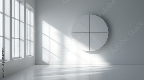 Wallpaper Mural Minimalist White Room with Circular Art Installation Near Window Casting Sunlight Interior Design Featuring Geometric Shape Art Piece and Natural Light Torontodigital.ca
