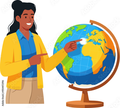 Geography teacher pointing to a location on a globe