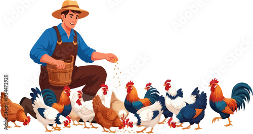 Friendly farmer feeding a flock of colorful chickens