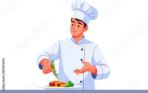 Gourmet chef adding fresh rosemary to a plated steak