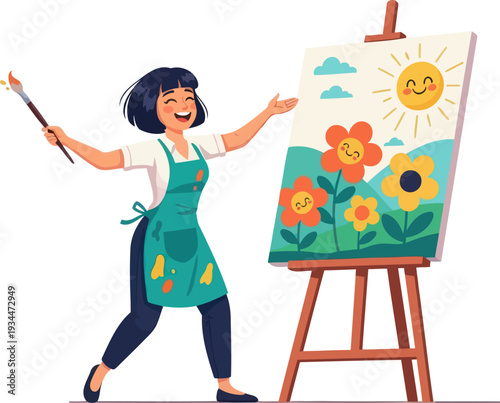 Happy painter showing colorful floral artwork on easel